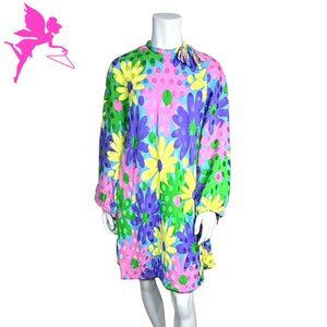 VINTAGE 1960's PAULINE TRIGERE Floral Long Sleeve Trapeze Dress